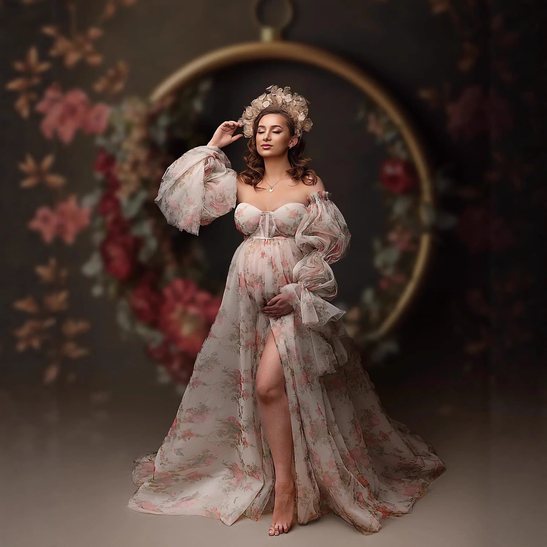 Maternity Dress for Photography Studio, French Floral Oil Painting Style Maxi Dress for Artistic Portrait and Travel Photography