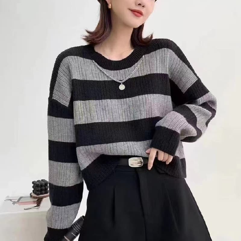 Spring and Autumn New Style Striped Contrast Color Lazy Style Round Neck Sweater Women's Loose Versatile Pullover Long Sleeve Sweater Top Trendy
