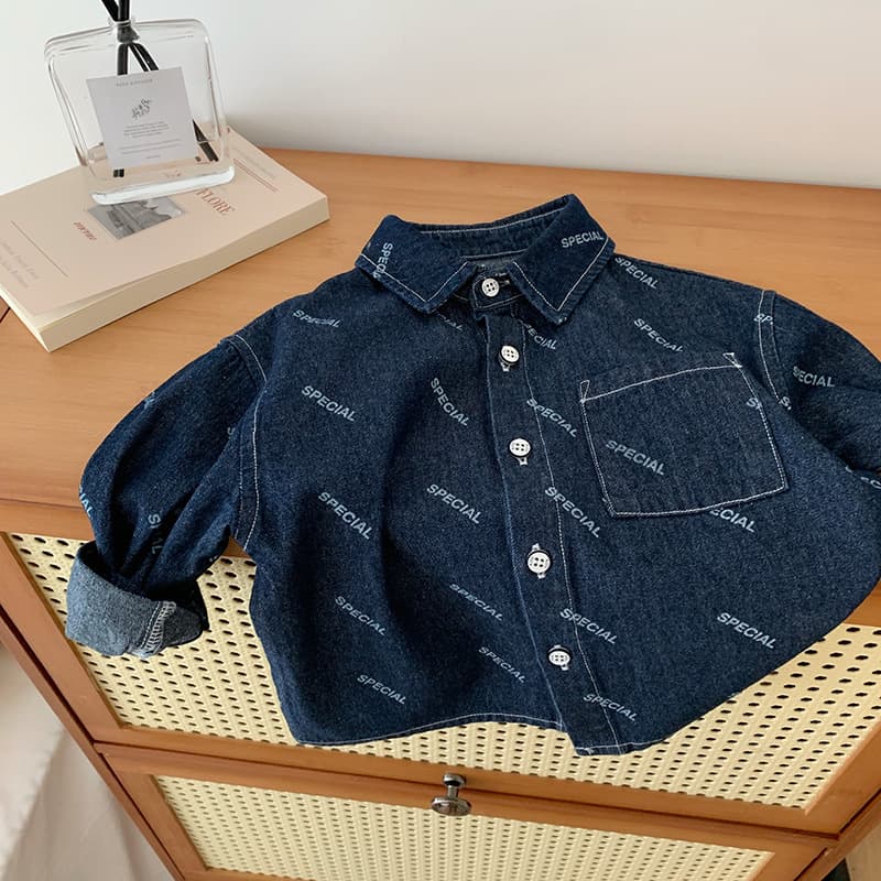 Boys Denim Shirt Autumn Full Print Hong Kong Style New Street-style Small/Medium Kids Children's Wear Jacket Long Sleeve Shirt Trendy