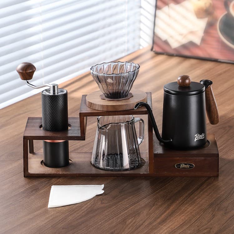 Coffee Pot Set Coffee Maker Pour-Over Storage Stand Wooden Coffee Pot Full Set Filter Brewing Cup Shelf