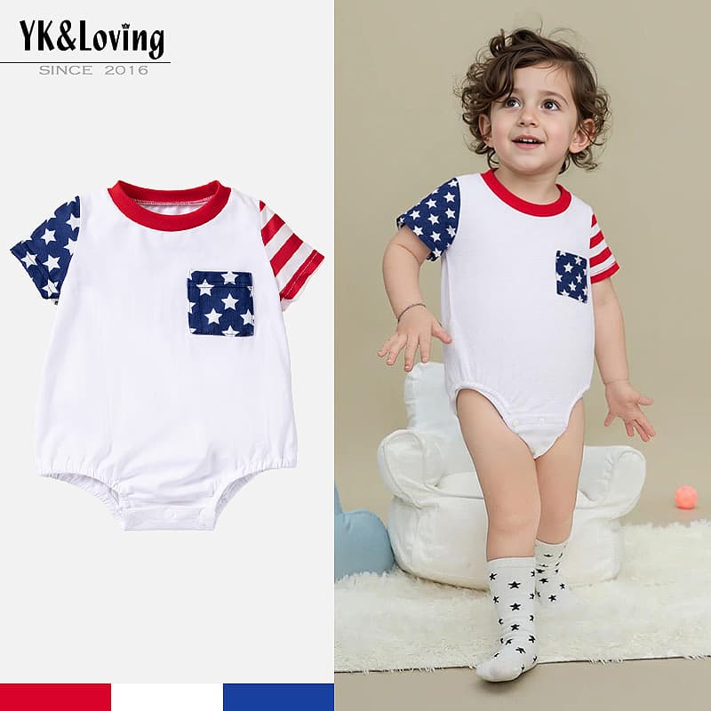 New Summer Baby Short Sleeve Bodysuit with USA Flag and Star Pattern for Infants and Toddlers
