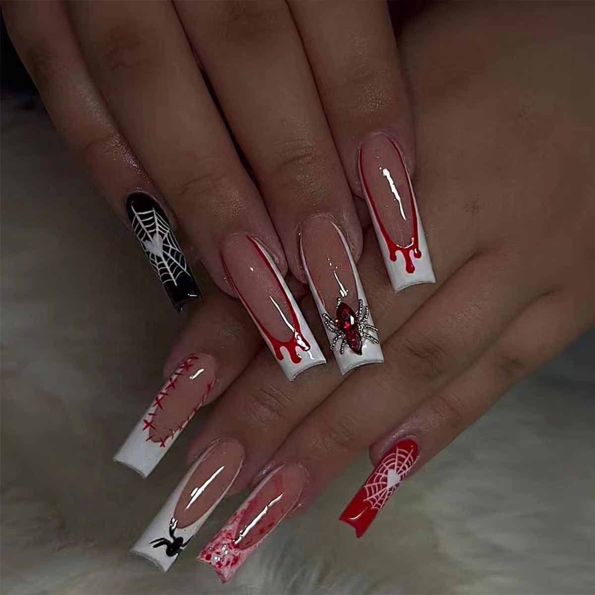 Cross-Border Long Halloween Nail Tips Spider Blood-Colored Halloween Nail Tips Removable Nail Stickers Foreign Trade