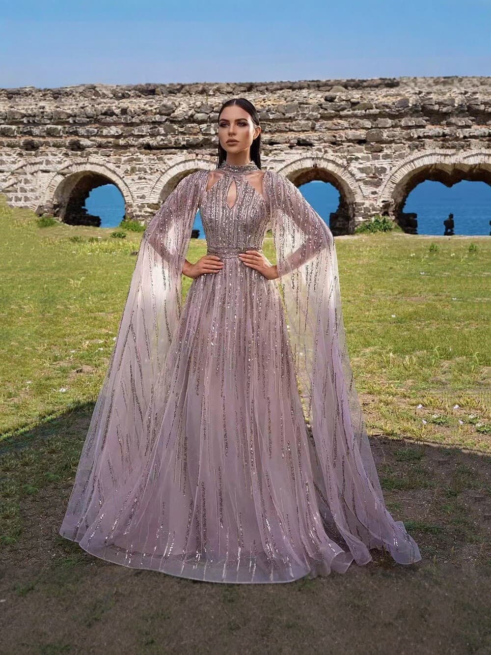 2026 New Cross-Border Spring/Summer European & American Women's Elegant Mesh Long Dress Gown with Fringe Sequins Evening Dress