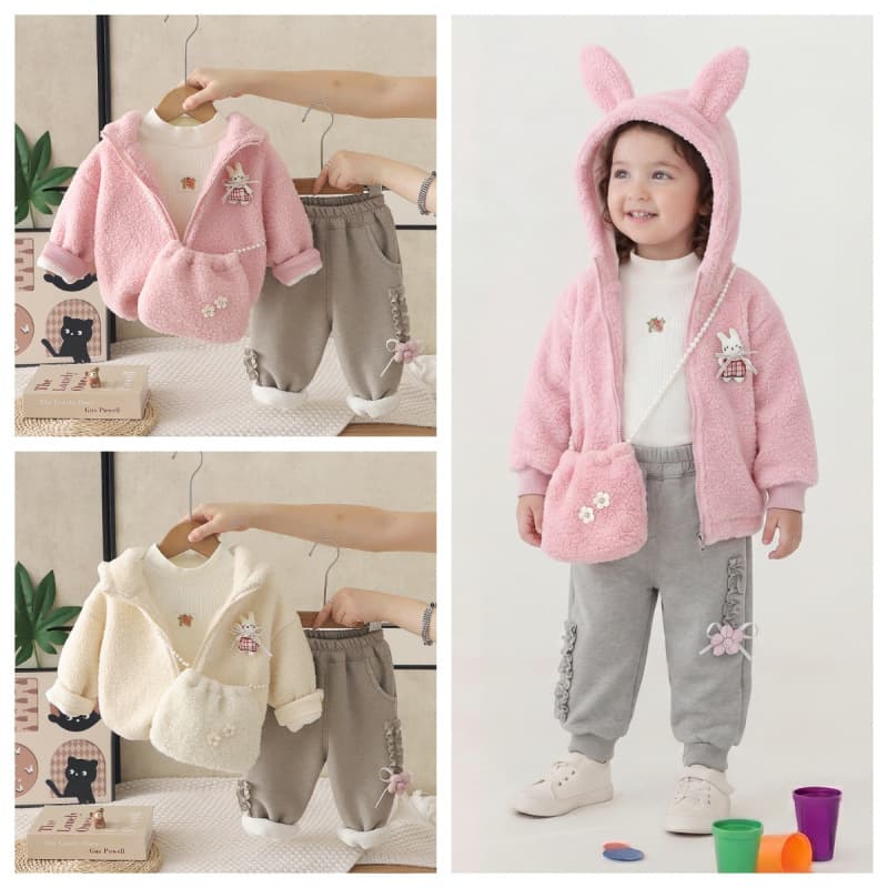 2026 Winter Girls' Fleece-Lined Outfit Set, Stylish New Baby Thickened Winter Cotton Coat Kids' Warm Three-Piece Set, Trendy