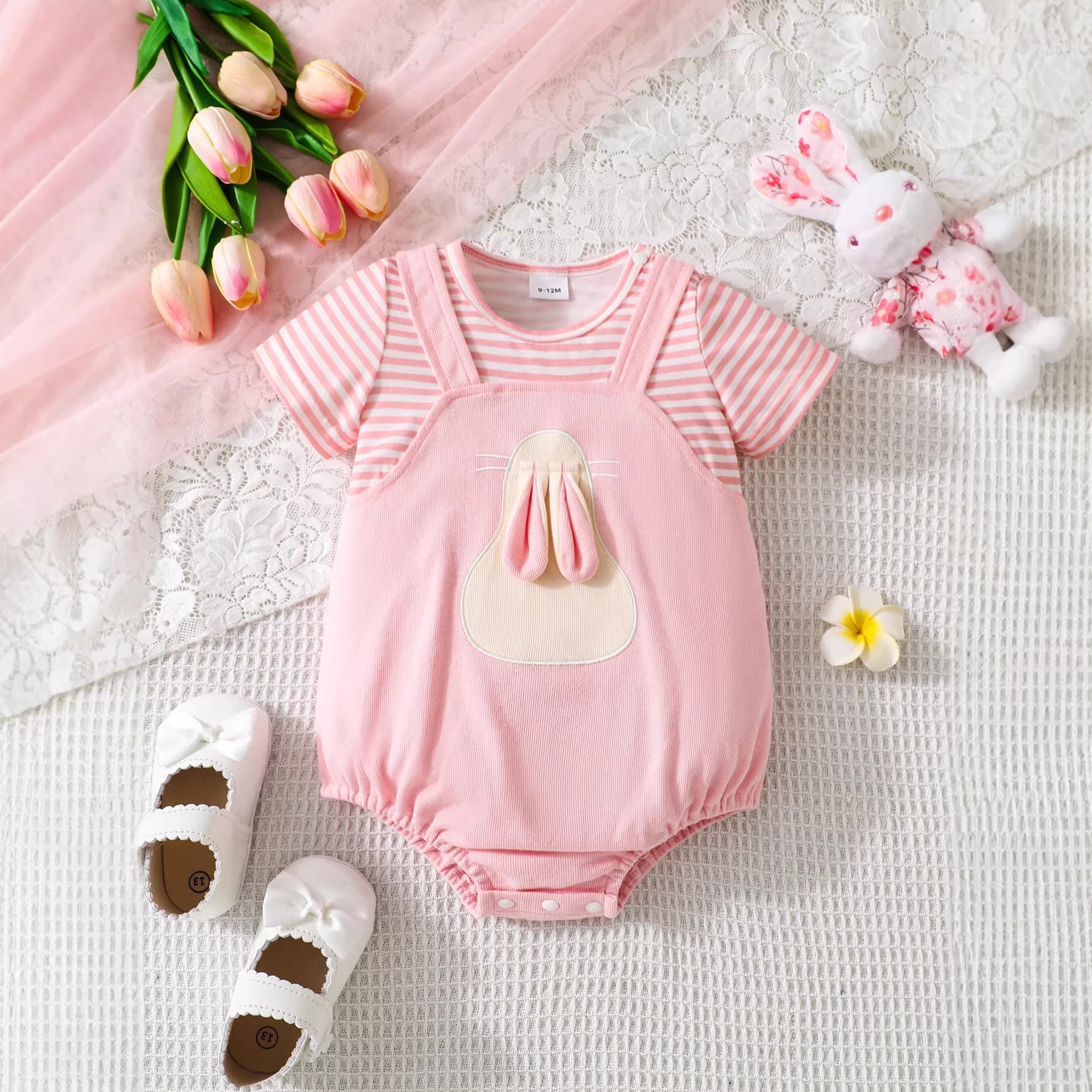 Easter popular baby bag fart clothes for girls pink striped fake two-piece bunny robe newborn triangle crawl suit