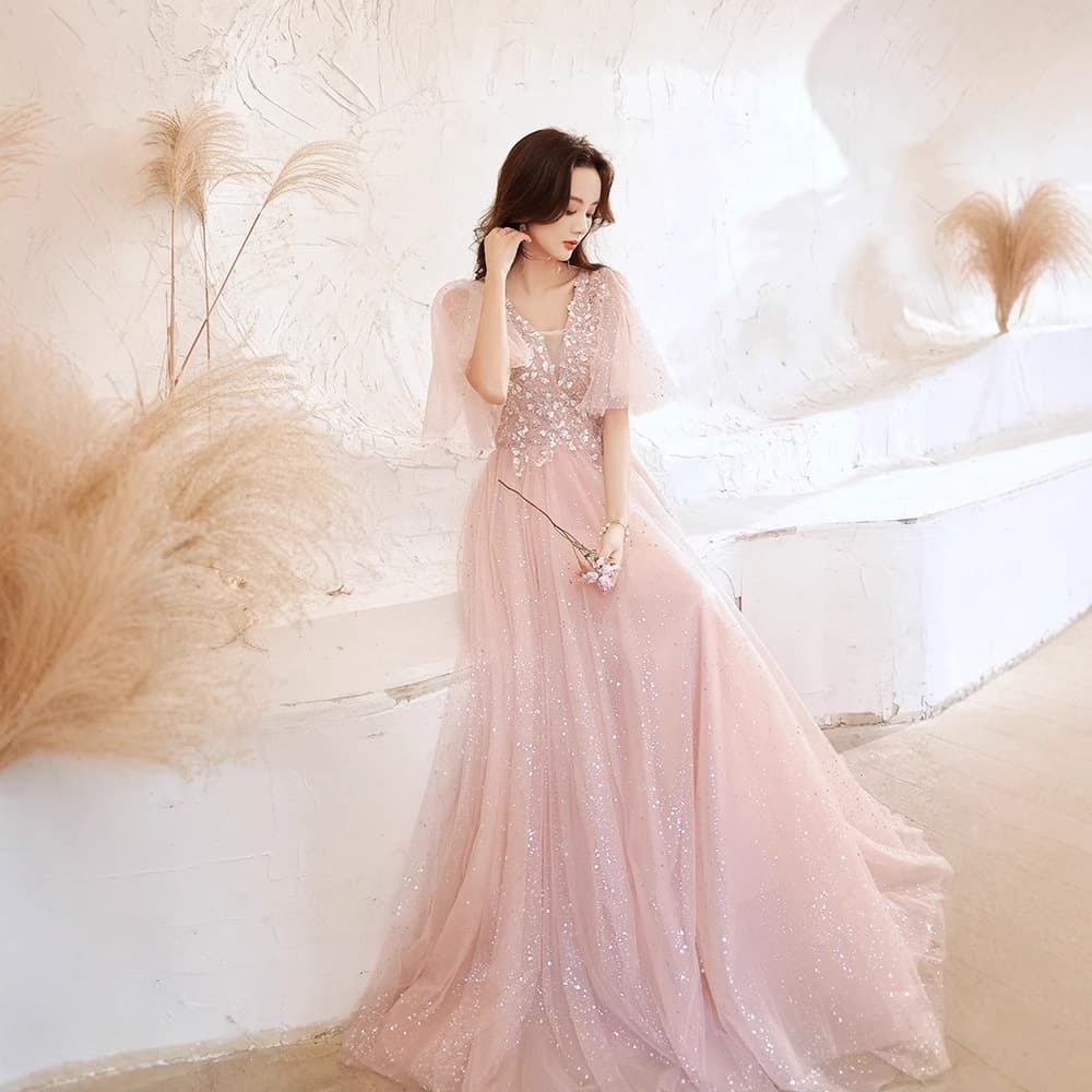 Plus Size Evening Gown for Art Exam, Student Performance Hosting, 200 lbs Banquet Elegant Bridesmaid Pink Noble Long Dress