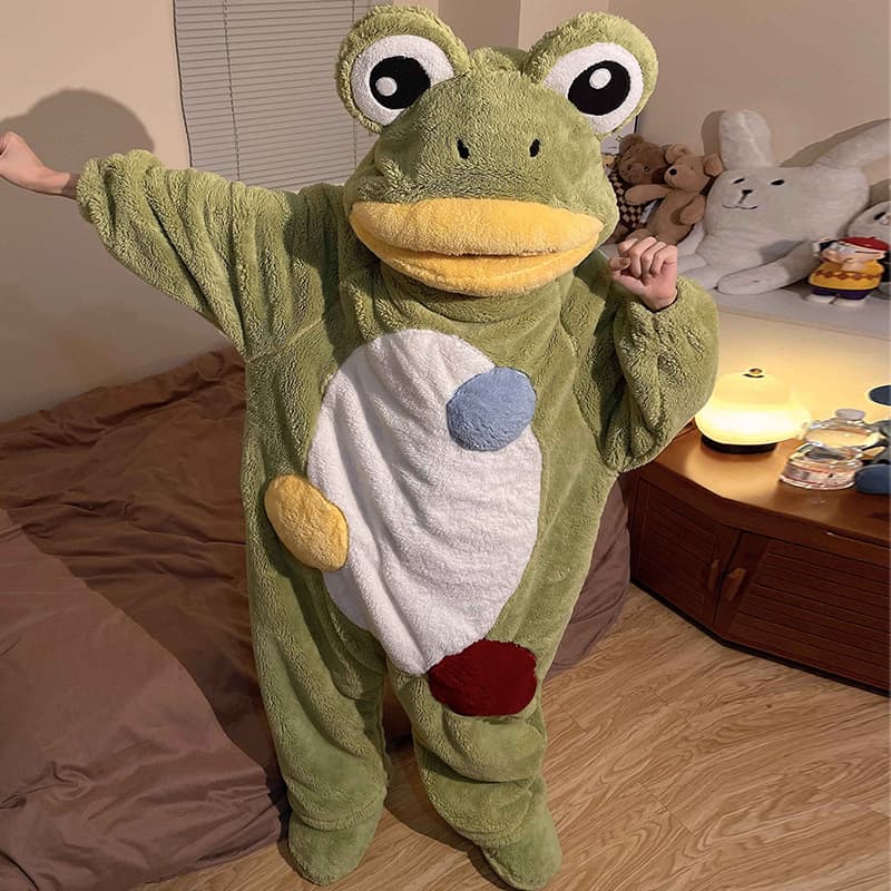 Spring Autumn Winter Frog Onesie Pajamas for Women Coral Fleece Thickened Plush Sleepwear Sleeping Bag Cute Funny Homewear