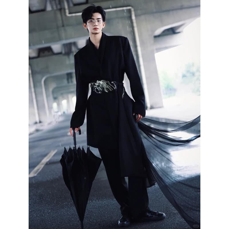 Celebrity-Style Chinese Trendy High-End Black Shoulder-Padded Blazer Jacket for Men's Banquet Host Performance Wear
