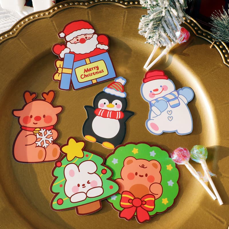 Christmas Lollipop Cards with Santa Claus, Snowman, Penguin Cartoon Candy Decorations and Mini Blessing Message Inserts