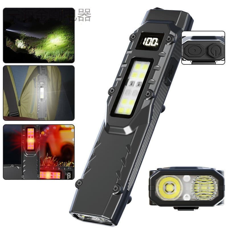 Cross-border tactical flashlight with pen clip, three light sources, strong light, self-defense, mini ultra-thin portable outdoor flashlight