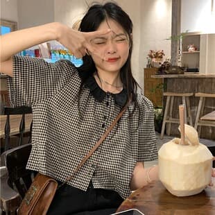 Korean Retro Plaid Peter Pan Collar Round Neck Blouse for Women Summer New Casual Short Sleeve Top