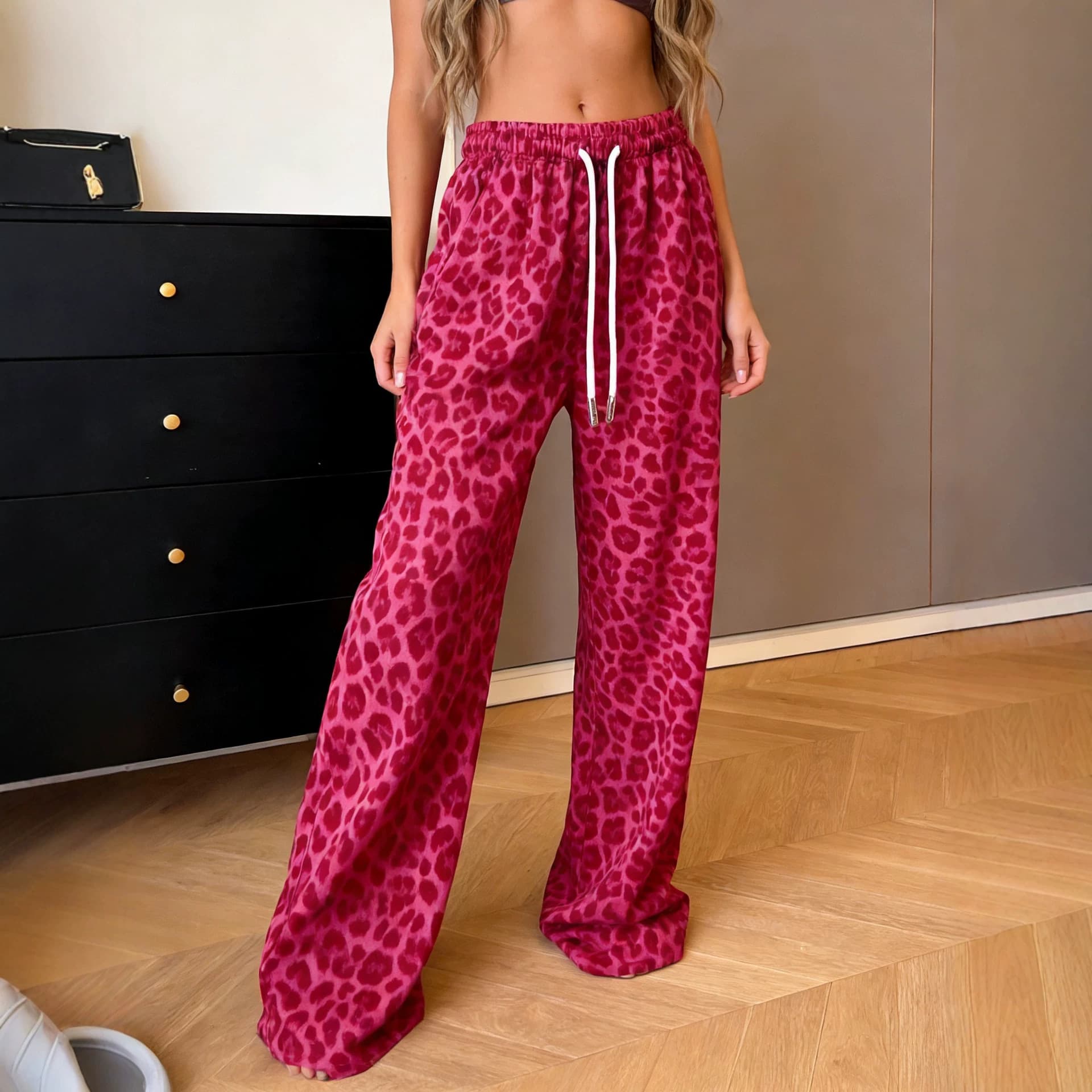 European and American Cross-Border Spring/Summer Fashion New Leopard Print Wide-Leg Long Pants with Drawstring and Slant Pockets Casual Wide-Leg Pants for Women