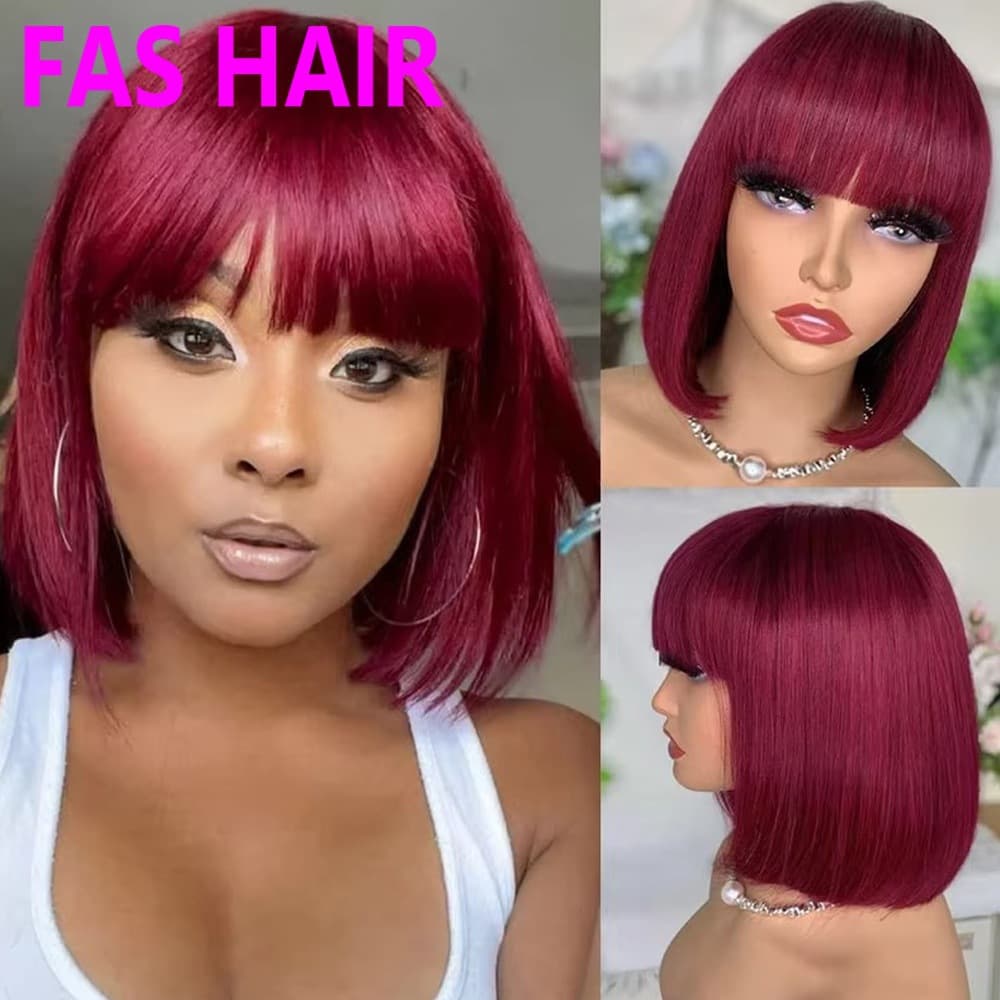 Human Hair #99J Burgundy Fringe Bob Machine-Made Wig Straight Wig