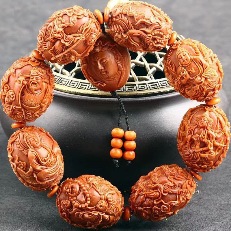 Olive Pit Bracelet - Ten Thousand Buddhas Pilgrimage, Hand-Carved 2.0 Large Olive Pit Carving, Unisex Wrist Accessory for Collectors