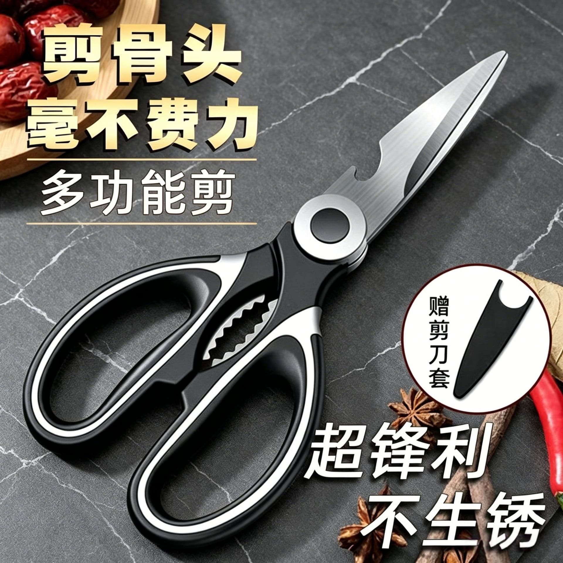 Kitchen scissors stainless steel durable strong scissors chicken bone scissors vegetable and fruit scissors multifunctional scissors wholesale