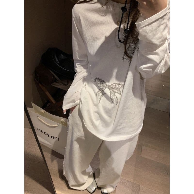 Bow print long-sleeved shirt for women summer new thin casual new loose lazy style slim and cool top