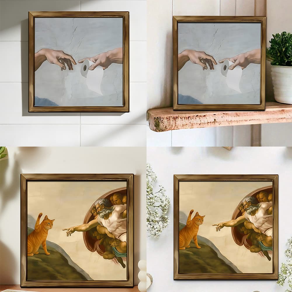 Cross-border spoof of famous paintings, wooden decorative paintings, Adam and the Rolling Paper, Orange Cat and God, literary and artistic cute desktop ornaments