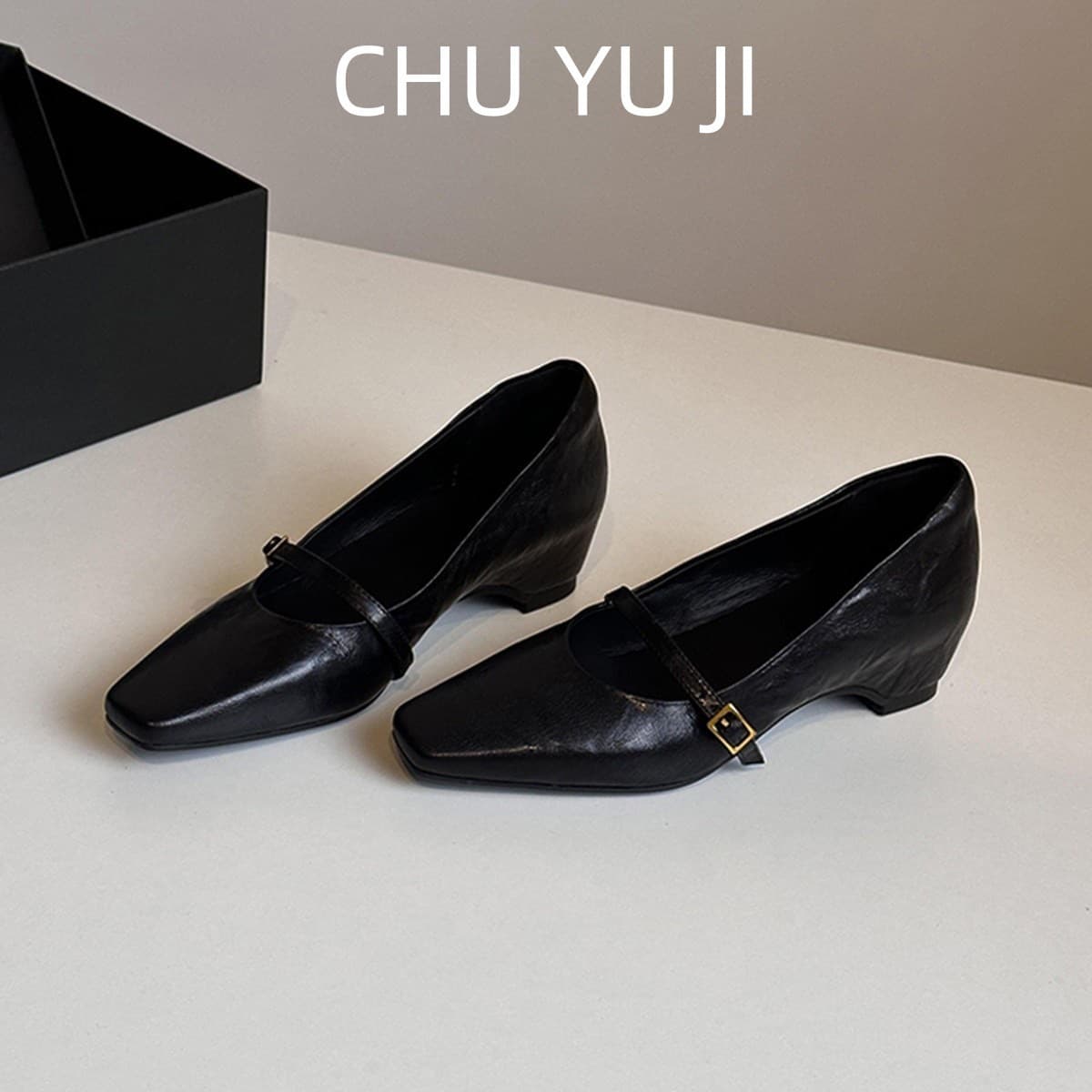 Chuyuji New Retro Hidden Platform Mary Jane Shoes for Women, Square Toe, Shallow Mouth, Simple Leather Shoes