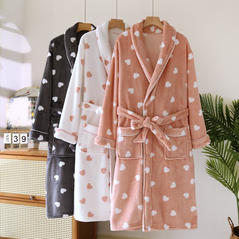 Autumn and Winter Couple Belted Nightgown Women's Long Flannel Fleece-Lined Home Gown Men's Plus Size Pajamas Coral Fleece Bathrobe