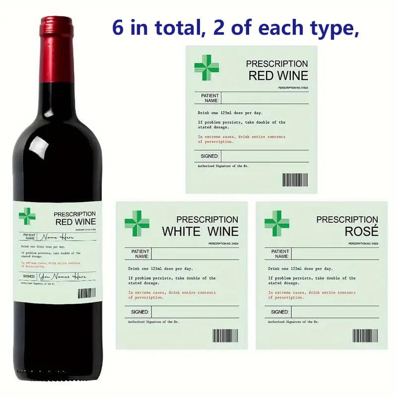 6 Pack Funny Prescription Wine Labels, Christmas Funny Novelty Labels, Wine Champagne Bottle Stickers