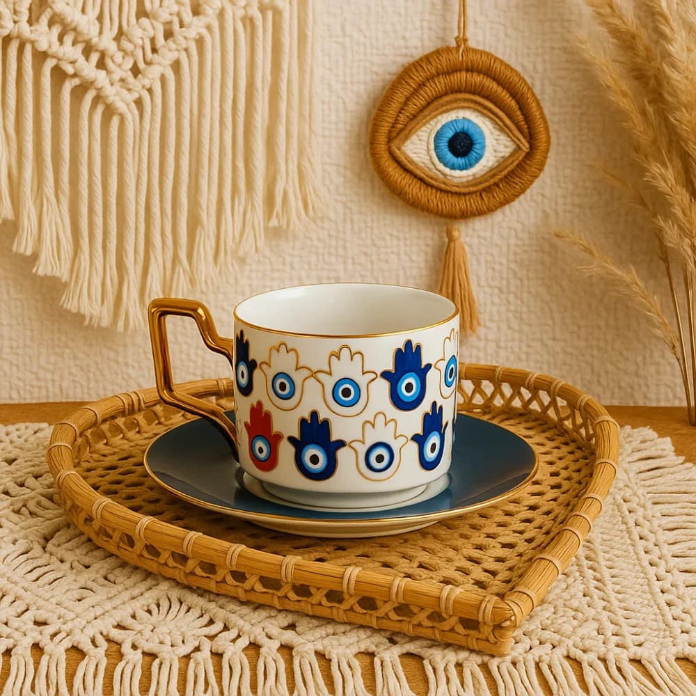 European Turkish style blue eyes print craft ceramic cup and water cup with high appearance and gold rim coffee cup and saucer