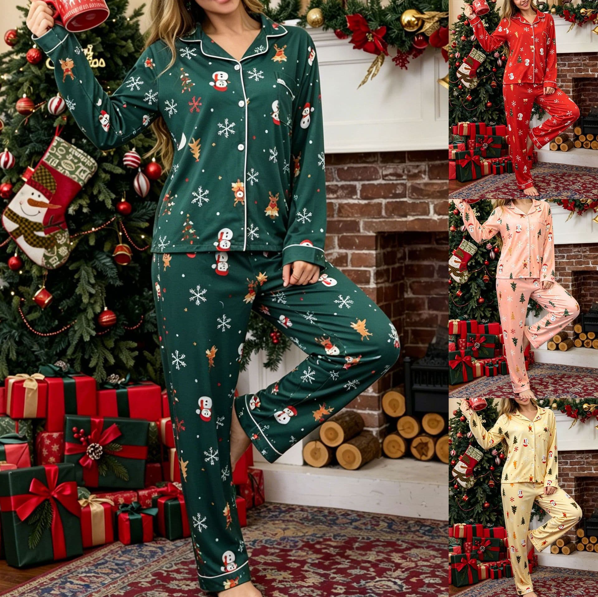 Christmas Cross-Border Women's Fashionable Print European and American Pajama Casual Long-Sleeve Long-Pants Wearable-Outside Loungewear Set for Women