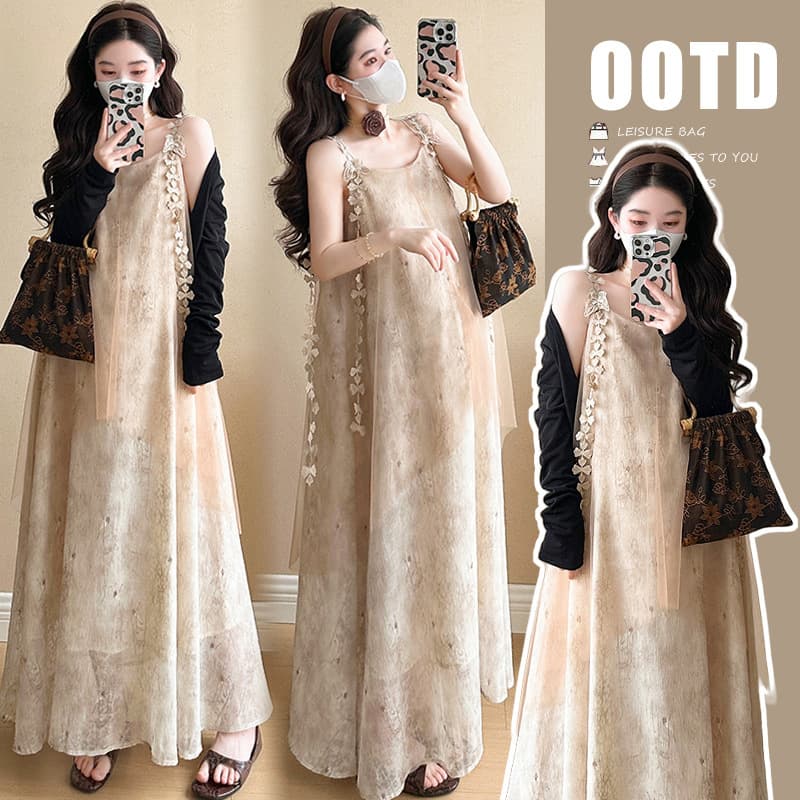 Summer New Sweet Fairy Dress Maternity Outfit Korean Style Maternity Camisole Dress with Sun Protection Jacket Two-Piece Set