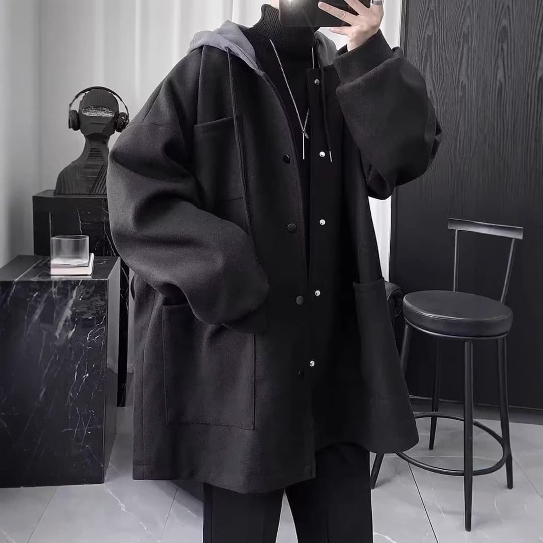 2026 New Autumn and Winter Woolen Coat Men's Loose New Hooded Jacket Men's Winter Clothing High-end Jacket Jacket