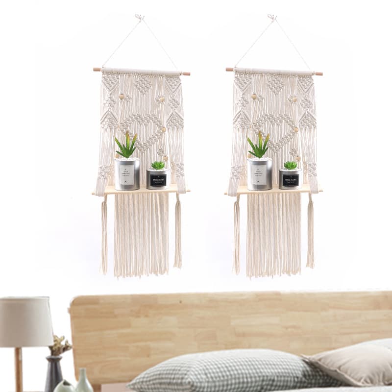Customized Scandinavian Style Hand-Woven Tapestry Wall Decoration Shelf Tassel Decoration Wall Hanging Rack Cotton Rope Wooden Board Storage Rack