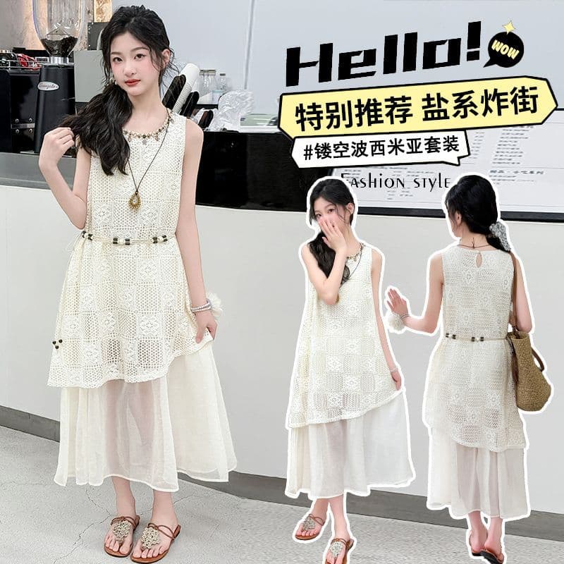 Girls Hollow Bohemian Skirt Big Kids Summer New Solid Color Fake Two-piece Long Casual Princess Dress Trendy