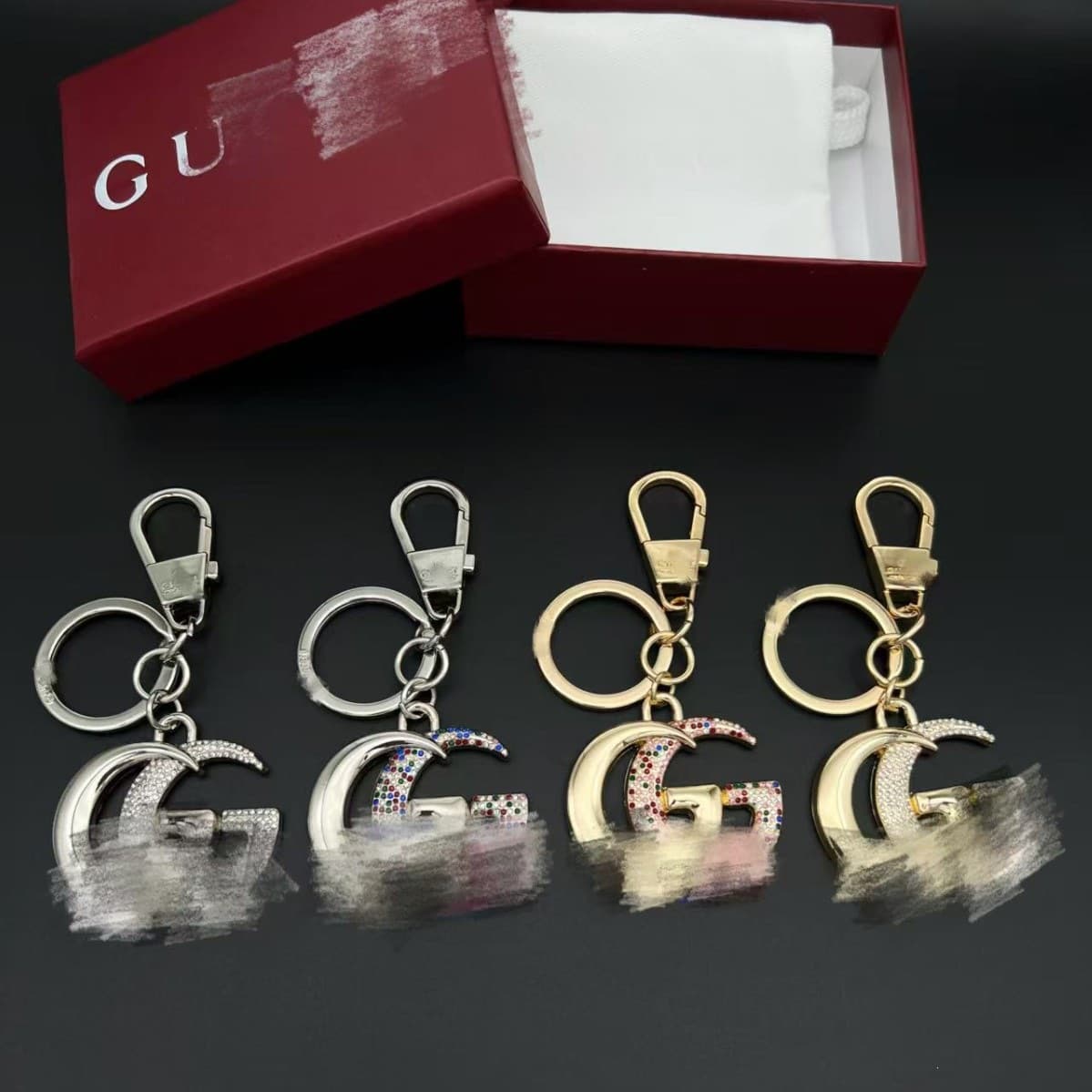 Gucci Double G Keychain Pendant, Silver/Gold Available, Classic GG Logo, Diamond-Studded Design