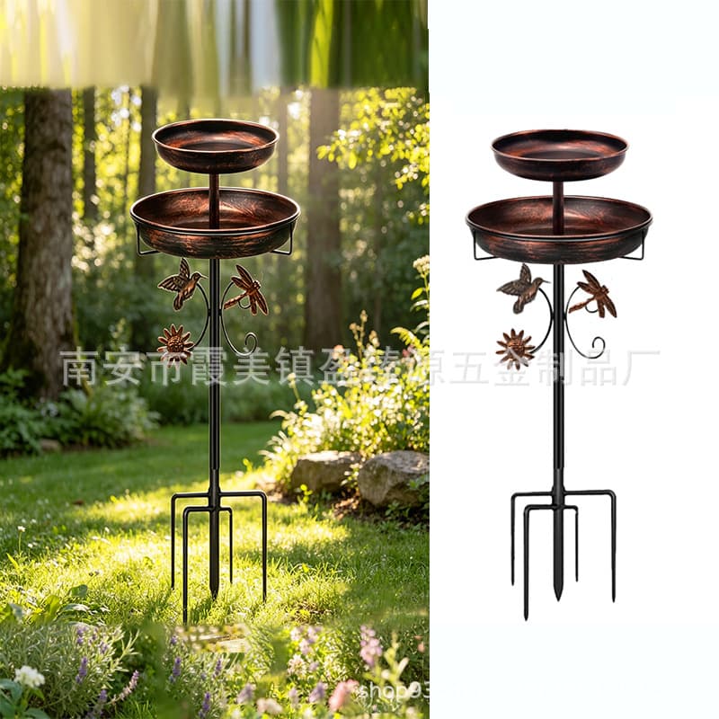 Double-layer Amazon Outdoor Metal Bird Bath Stand Feeder Garden Yard Lawn Ground Insert Iron Art