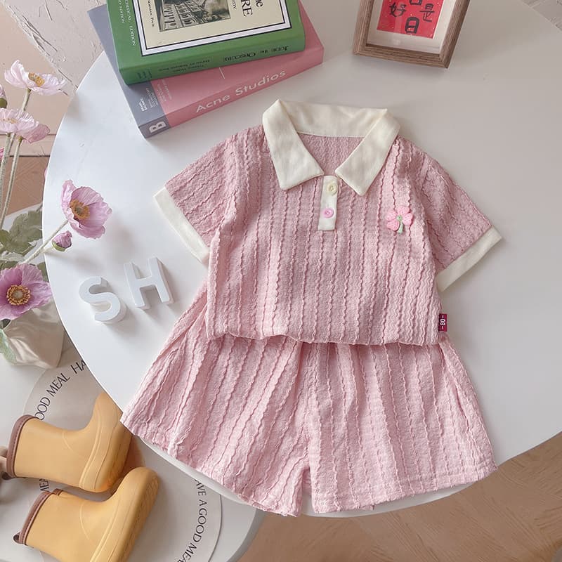 Girls Short Sleeve Set Summer Children 2026 New Baby Solid Jacquard Casual Sweet Polo Two-Piece Set