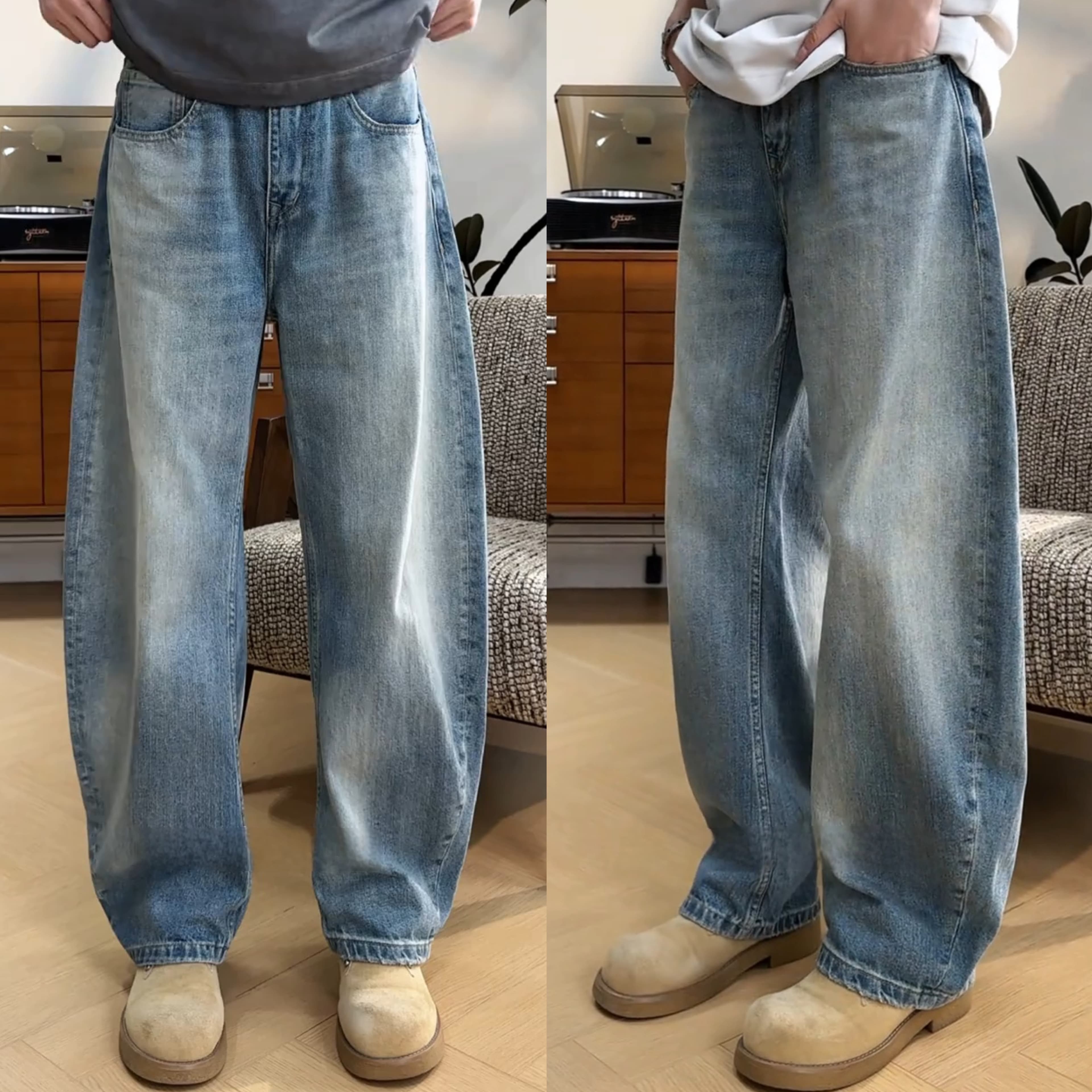 Custom American Retro Curved Jeans for Men – Fashionable, Slimming, Versatile Loose Fit Casual Banana Pants