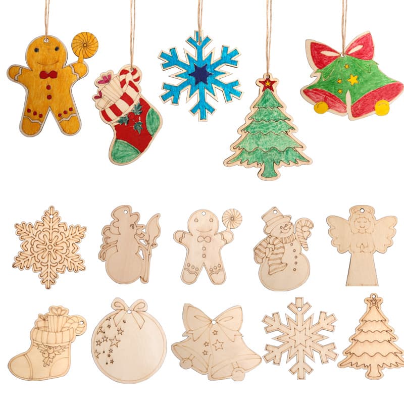Cross-border Multi-piece Unfinished Christmas Hanging Ornaments Wooden Christmas Craft Decorations with Rope for Hanging