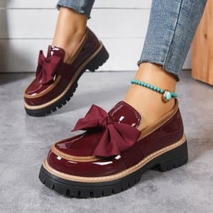 Overseas Size Large Loafers for Women Spring/Autumn Large Size Bow British Style Leather Shoes Chunky Heel Thick Sole Foreign Trade Retro Casual Shoes