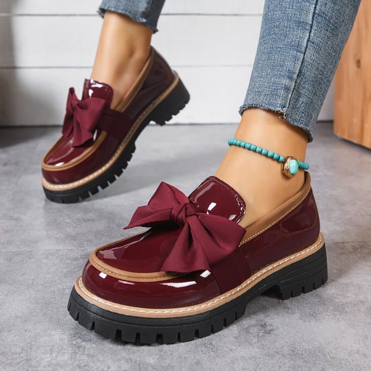 Outer size large size spring and autumn loafers women's large size bow British style leather shoes thick heel thick sole foreign trade retro single shoes