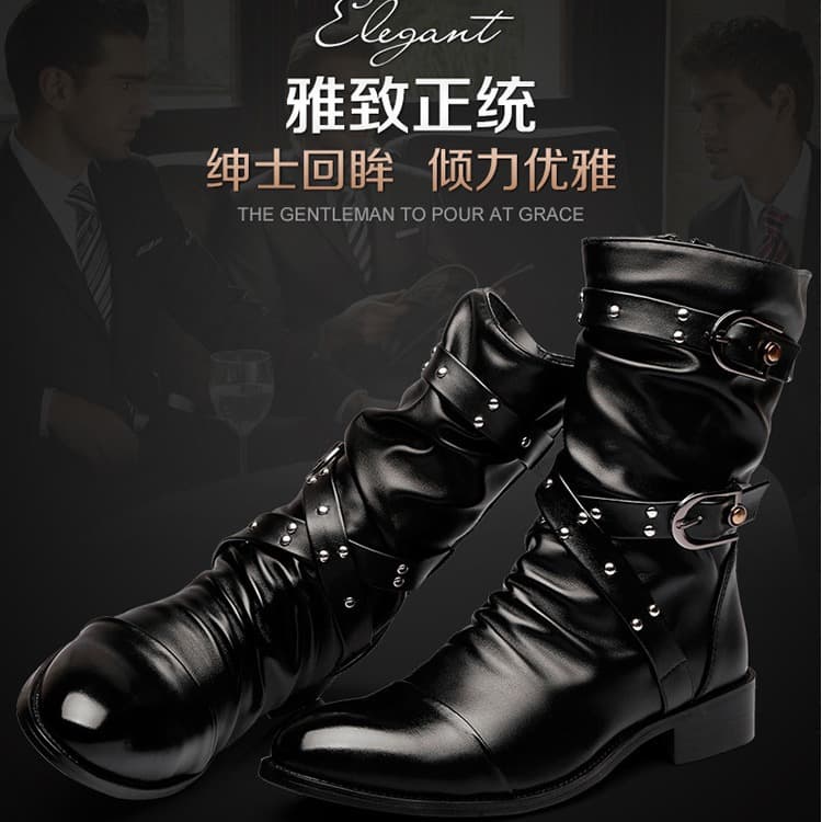 Spring and Autumn High-Top Leather Boots for Men, Mid-Calf Korean Martin Boots, Pointed Toe British Fashion, Fleece-Lined Warm Leather Boots Trendy