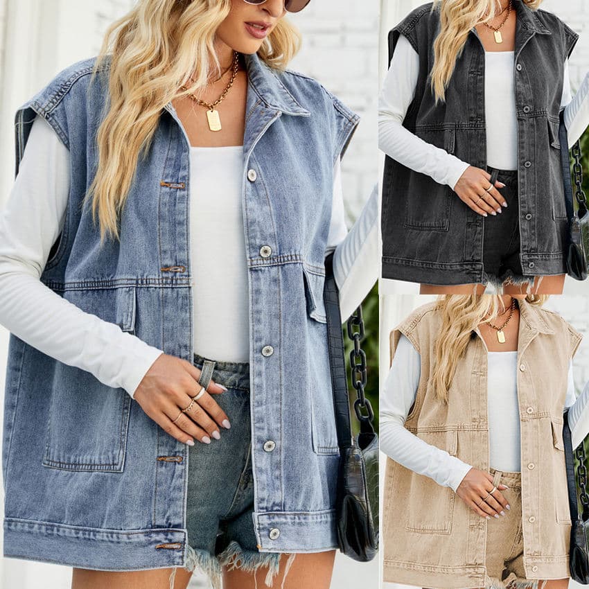 Luoshida New Summer Y2K Denim Sleeveless Jacket with Lapel Buttons, Lower Pockets, and Hoodie Women's Denim Vest