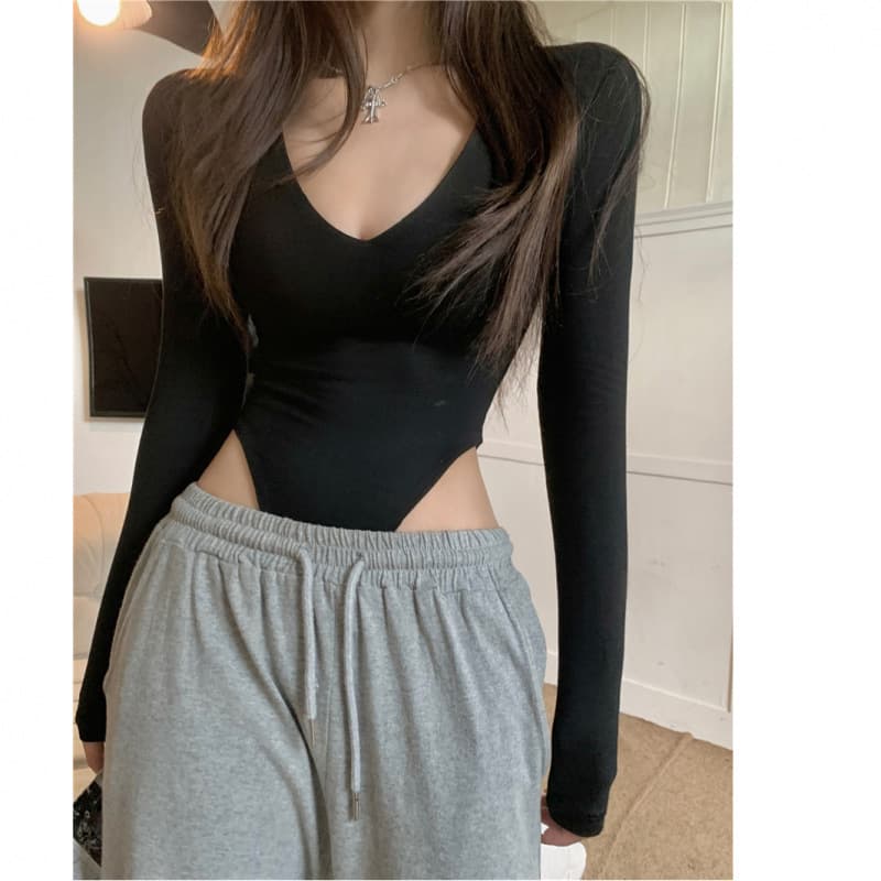 V-Neck American Pure Sexy Long Sleeve Bodysuit for Women, Slim Fit, Waist-Cinching, Stretchy Inner Layer, Snap Crotch T-Shirt