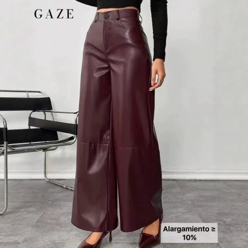 Retro Fashion Wide-Leg Leather Pants for Women, European and American High-Waist Slim Fit Wrap Leather Pants