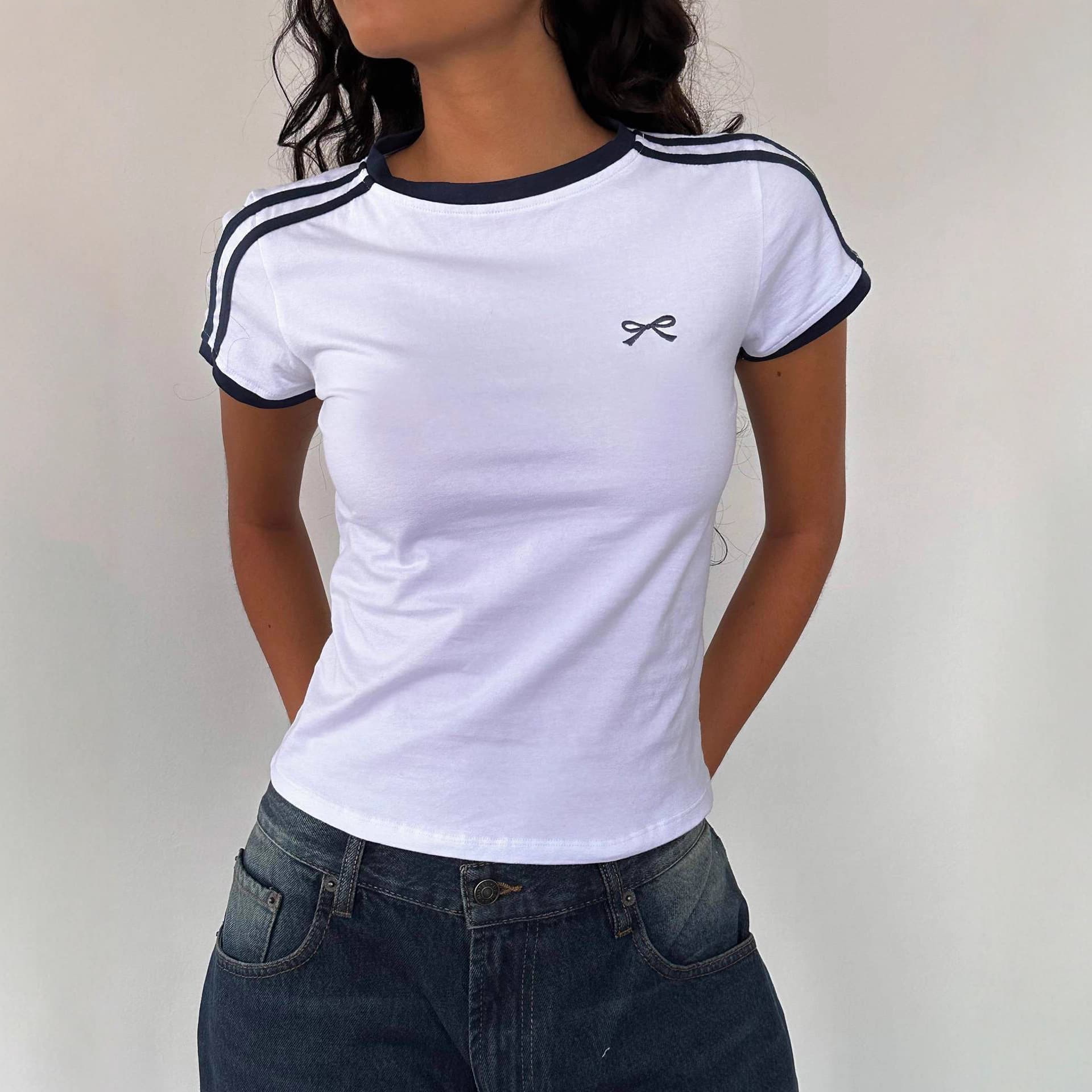 2025 Summer New Black and White Contrast Bow Embroidery Fashion Patchwork Personality Short Sleeve T-Shirt Top for Women