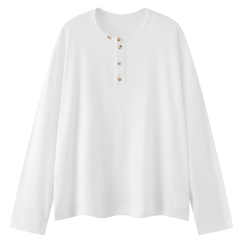 American Cleanfit White Henley Long Sleeve T-Shirt for Men, Old Money Relaxed Loose Casual Base Layer Top