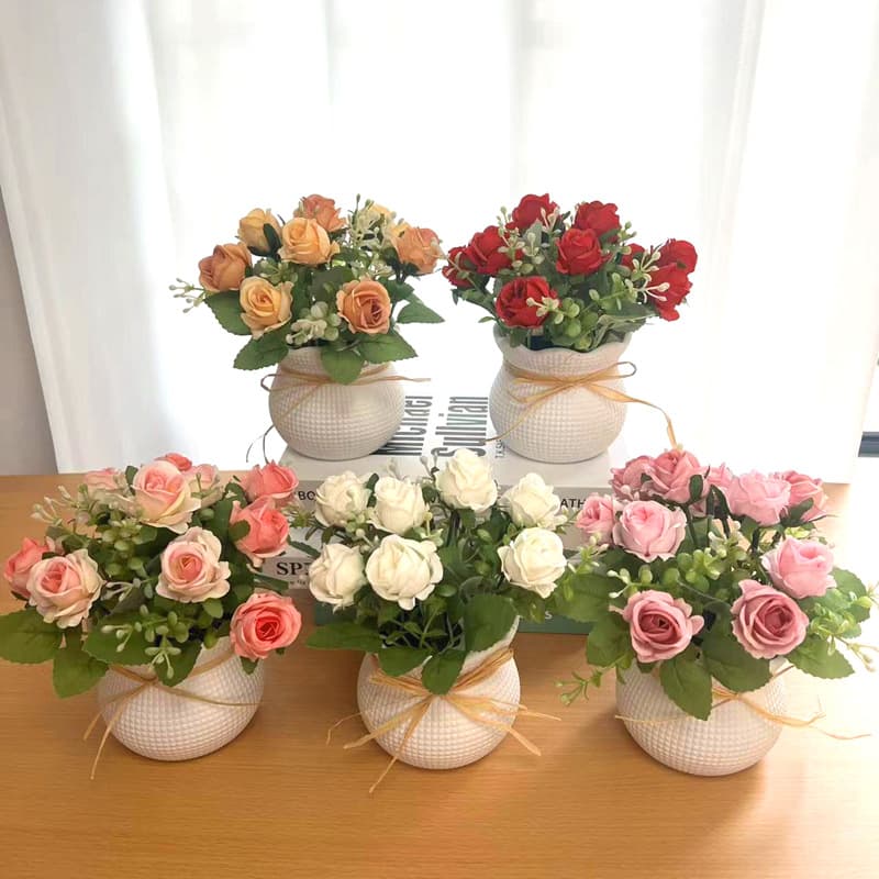 Nordic Artificial Flower Set Premium Ceramic-Look Vase Roses Faux Plant Potted Home Decor Fake Flower Pot