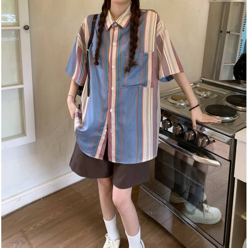 Early Autumn Korean Style Colorful Striped Shirt for Women, Turn-down Collar Loose Drop Shoulder Contrast Stripe Long Sleeve Blouse, Physical Store Stock