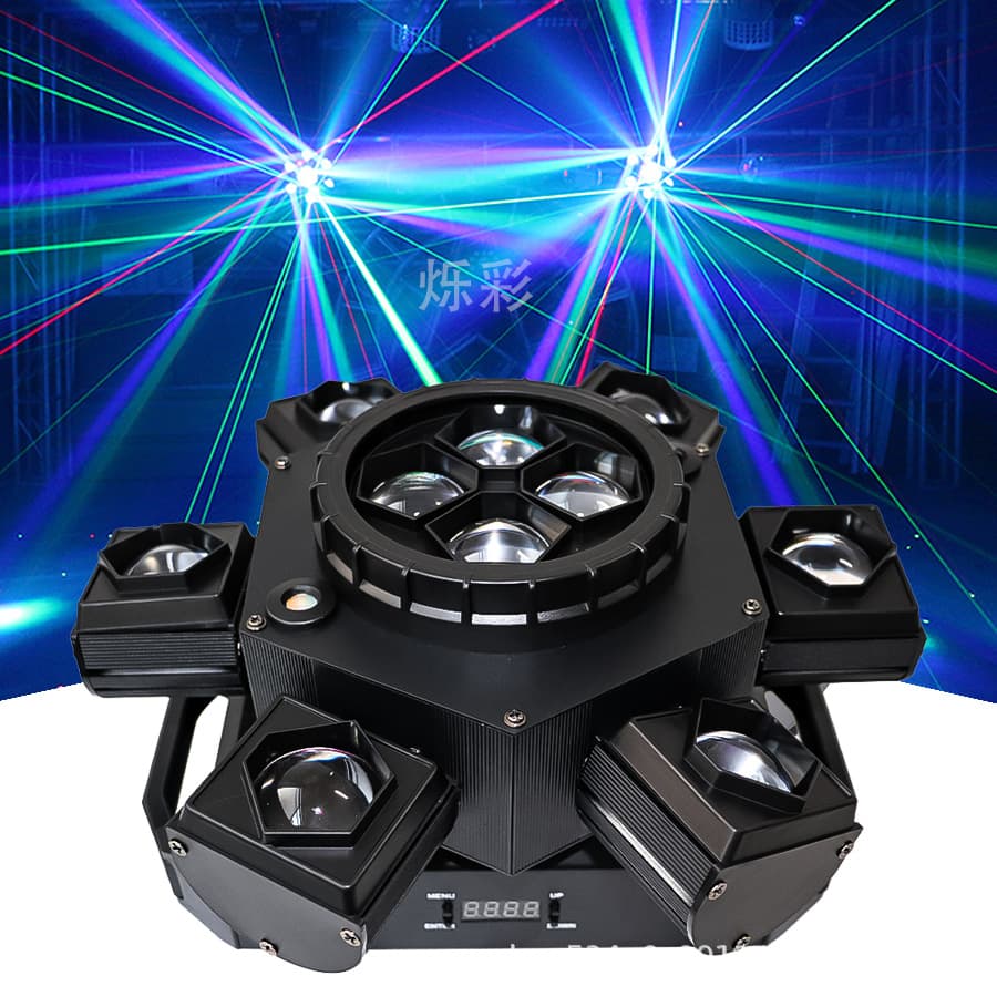 Six-Arm Beam Moving Head Light with Infinite Rotation, Bee Eye Laser, Disco Sound Control, and Colorful Light for KTVs