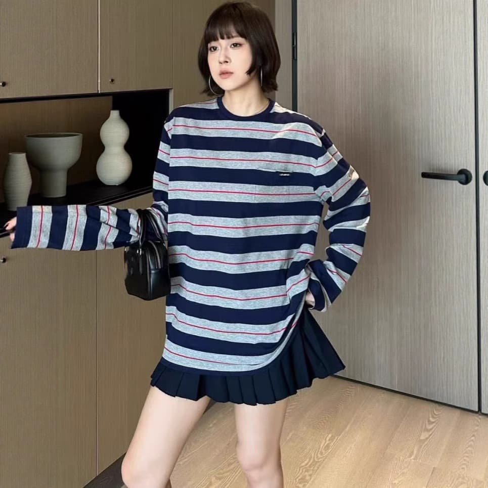 MM Home 32025 Summer Autumn Long Sleeve Women's Base Layer Simple Versatile Long Straight Stripe Cotton T-shirt