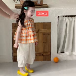 Girls Set Summer New Girls Orange Sea Salt Plaid Fashion Vest Top + Lace Two-Piece Set GG002