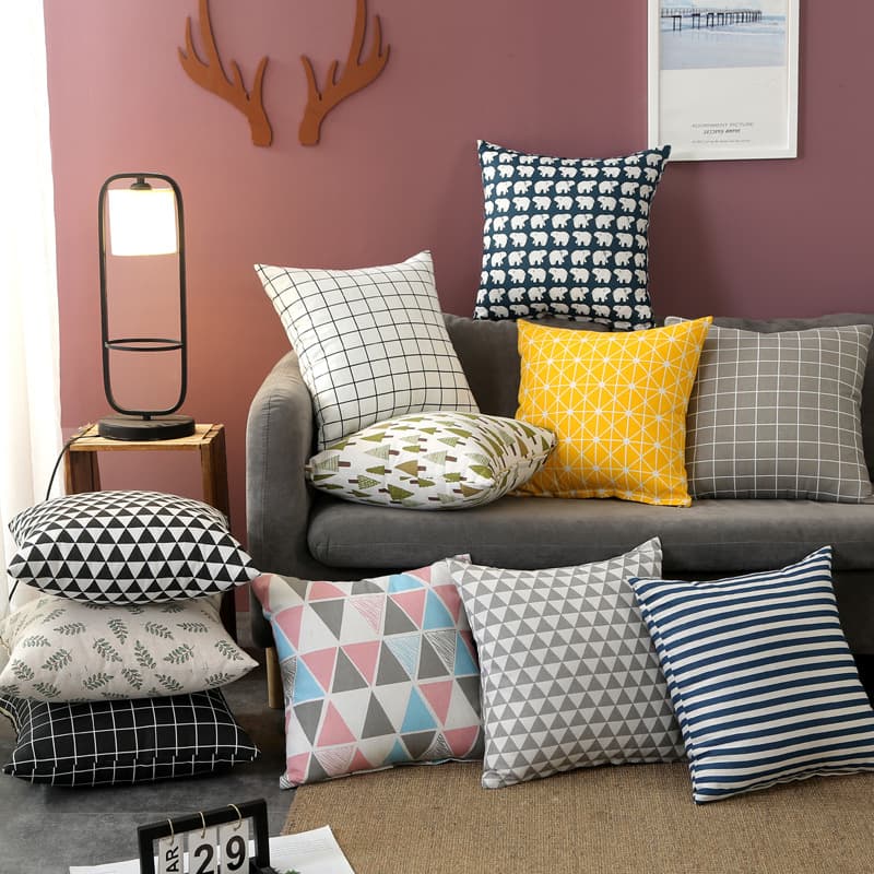 Nordic Style Linen Sofa Pillowcase Polyester Fabric Customizable Wholesale Home Decor Square Grid Cute Animal Pattern