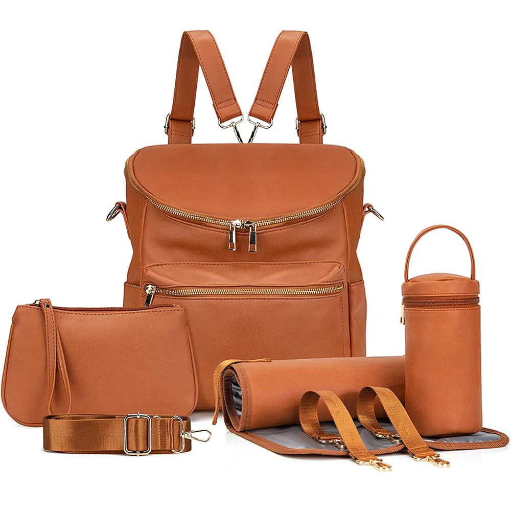 Factory PU backpack crossbody bag large capacity fashionable mother and baby backpack bag outing 5 piece set mommy backpack mom bag